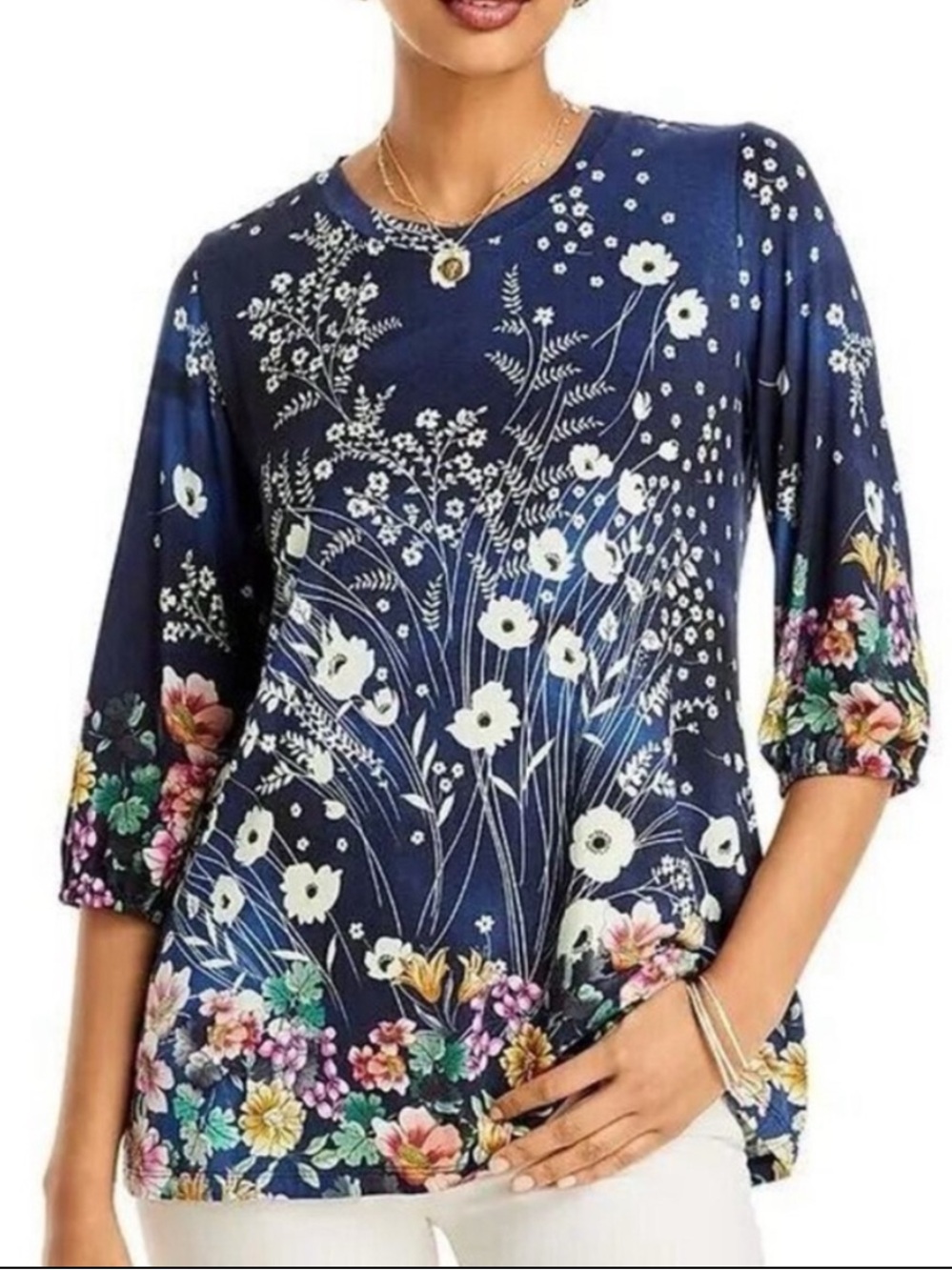 Johnny Was Navy Blue Floral Swing Tunic Top Boho Hippie Quiet Luxury Size S